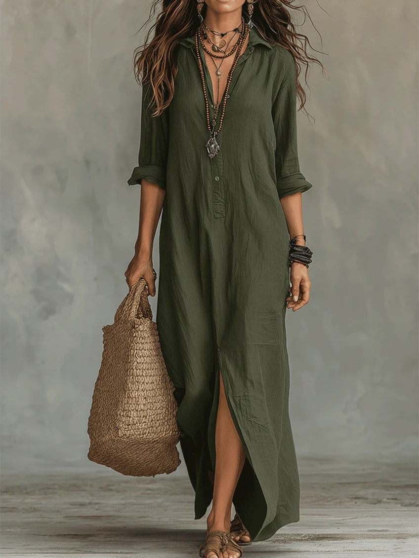 Soline | Entspanntes Maxi-Kleid mit V-Ausschnitt und Knopfleiste