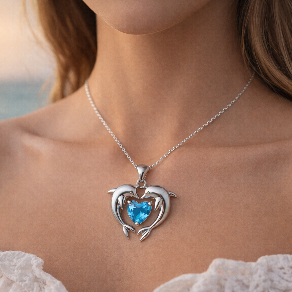 Zeitlose Silberne Delfin-Halskette mit Opal-Herz