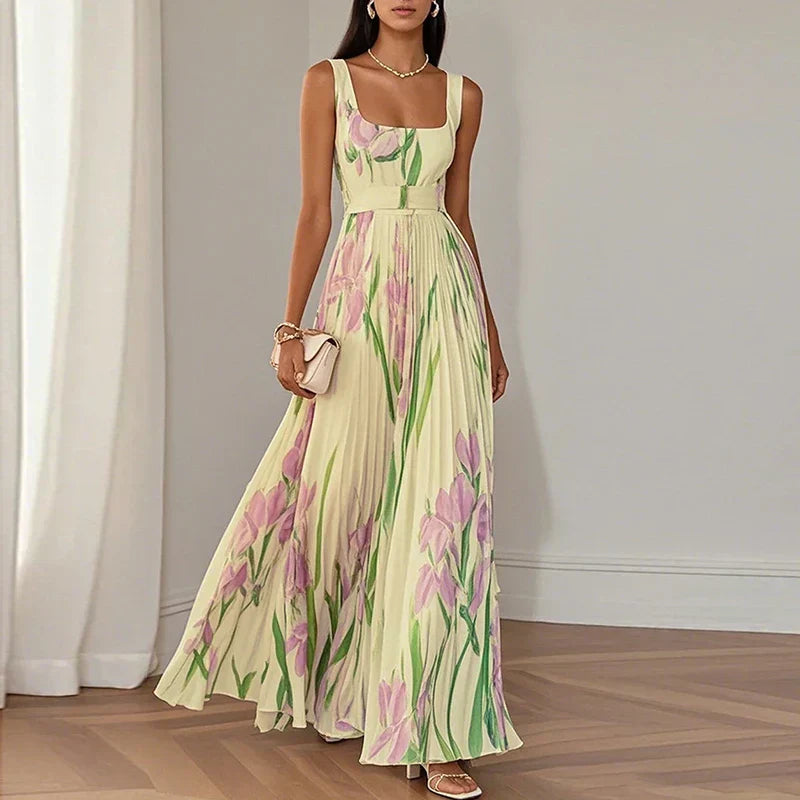 Araminta | Plissiertes Maxi-Kleid mit Iris-Blumenmuster