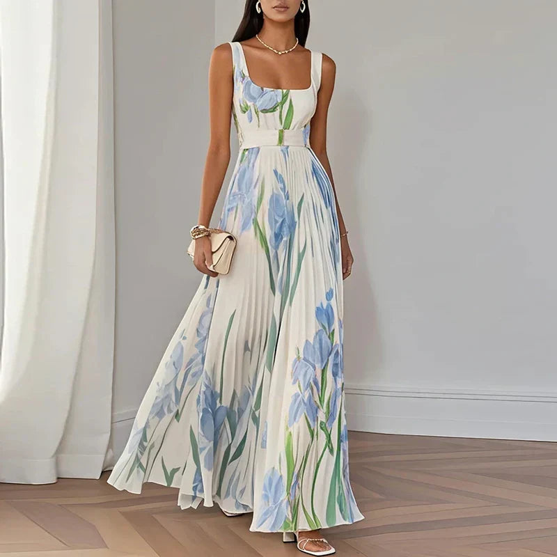 Araminta | Plissiertes Maxi-Kleid mit Iris-Blumenmuster