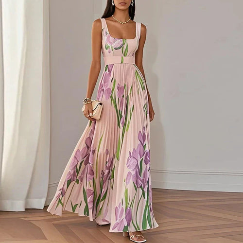 Araminta | Plissiertes Maxi-Kleid mit Iris-Blumenmuster