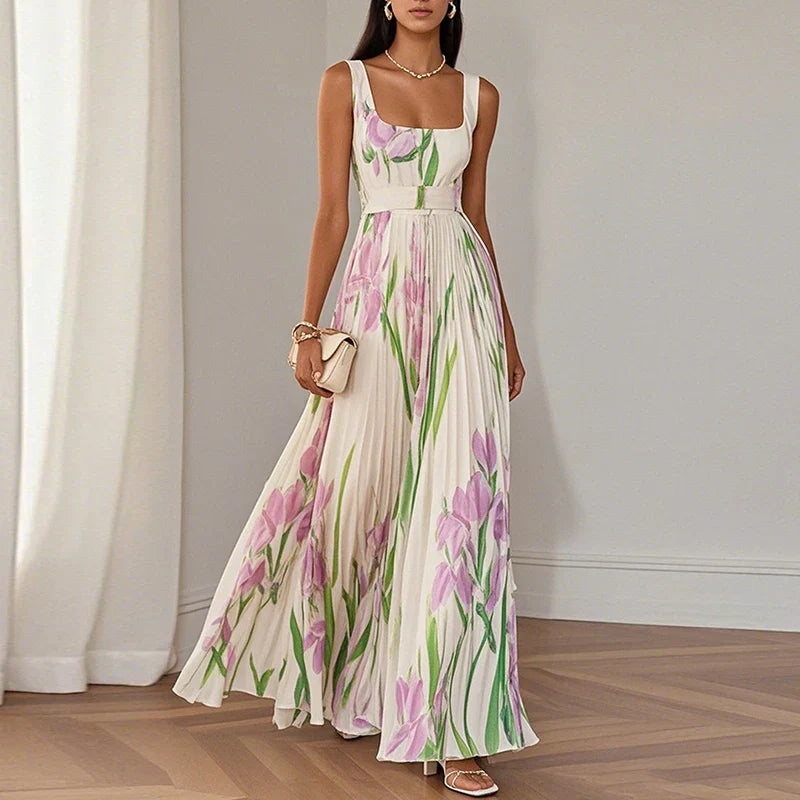 Araminta | Plissiertes Maxi-Kleid mit Iris-Blumenmuster