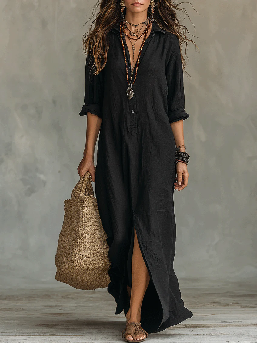 Soline | Entspanntes Maxi-Kleid mit V-Ausschnitt und Knopfleiste