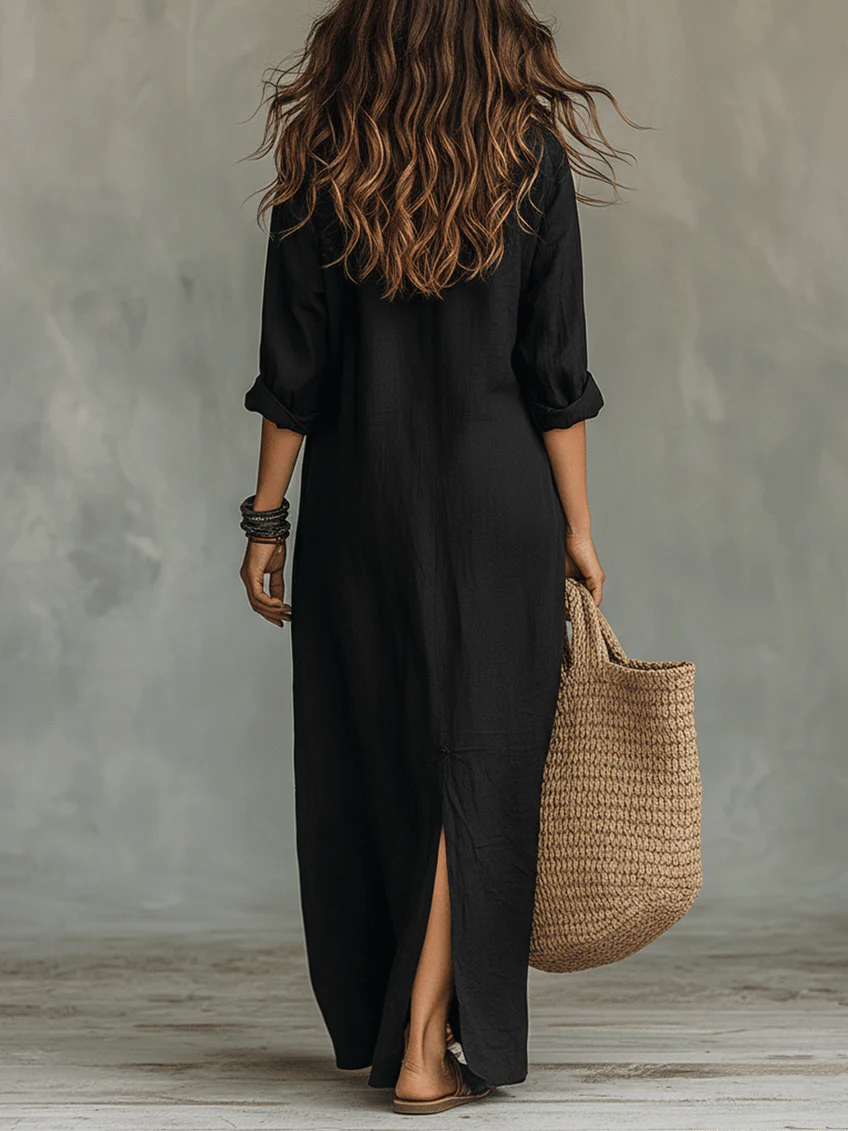 Soline | Entspanntes Maxi-Kleid mit V-Ausschnitt und Knopfleiste
