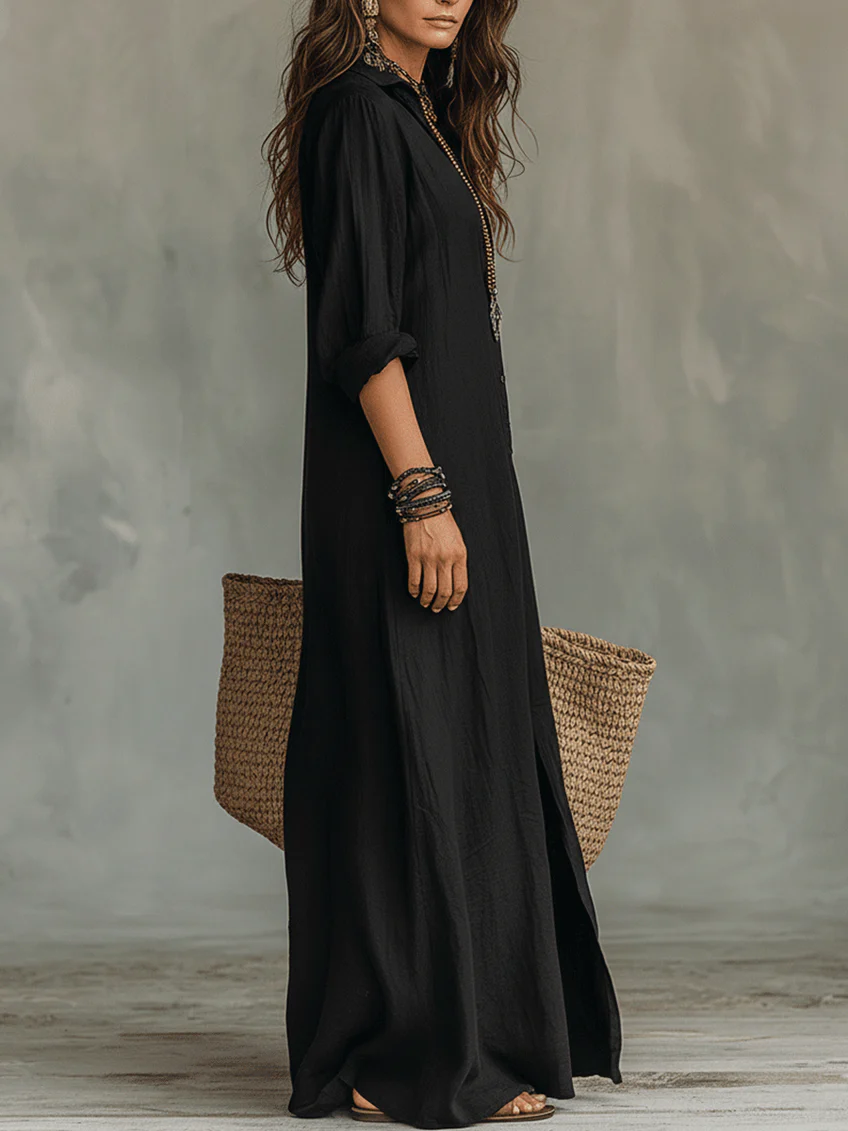 Soline | Entspanntes Maxi-Kleid mit V-Ausschnitt und Knopfleiste